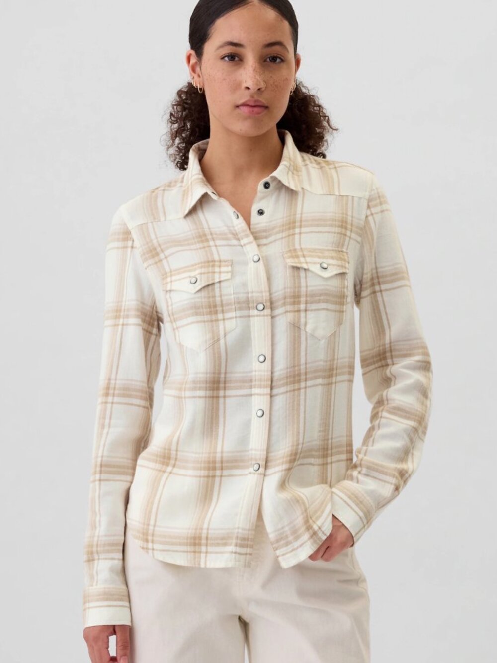 Gap Plaid Flannel Snap Front Western Shirt Cream Beige Women’s Medium NWOT